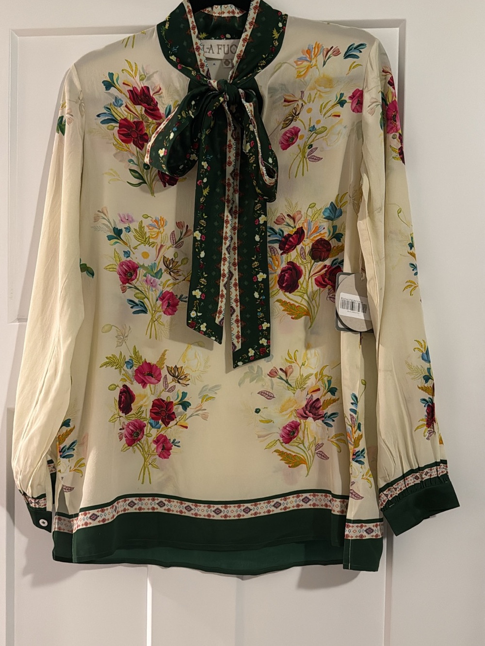 LA FUORI Small Ivory Green Floral Silk Tie Neck Bow Long Sleeve Blouse